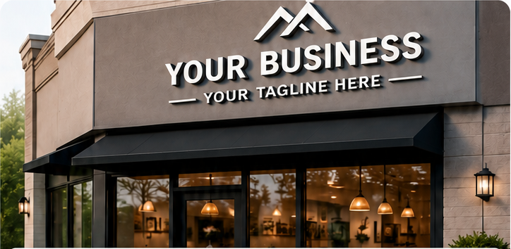 Storefront displaying dimensional letters reading Your Business and Your Tagline Here